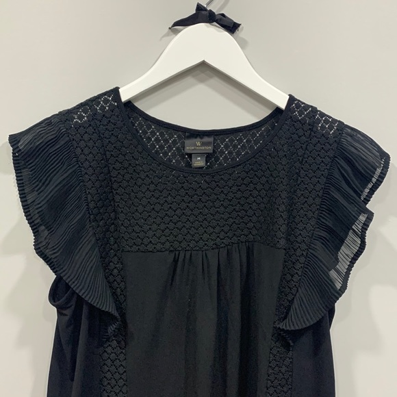 Worthington Black Ruffle Flutter Short Sleeve Crochet Top Blouse Size Medium - Picture 1 of 7